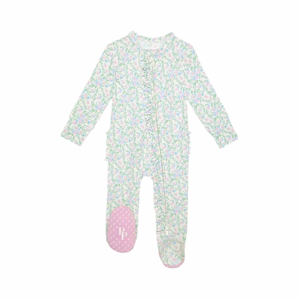 NEW POSH PEANUT baby girls ruffled zippered footie in prairie floral